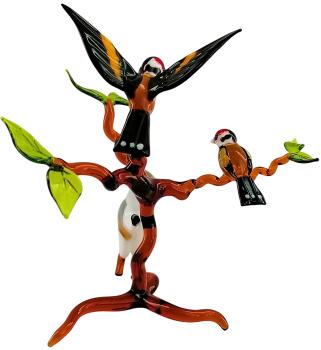 2 Stieglitze auf Ast mit Katze, stehend